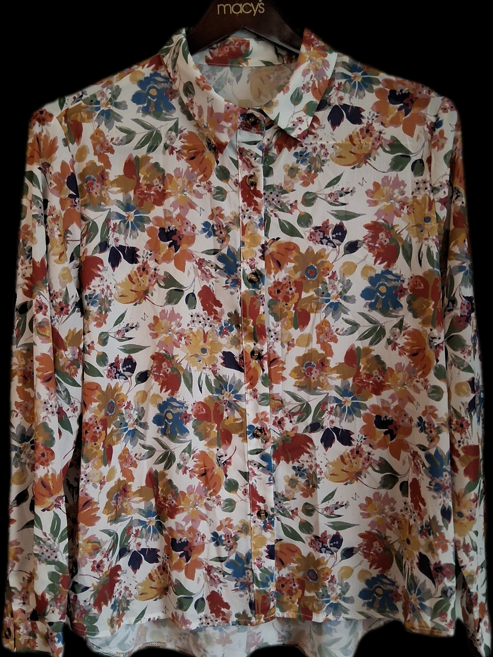 SHEIN White Floral Button-Down Shirt with Multi-Color Bloom Print